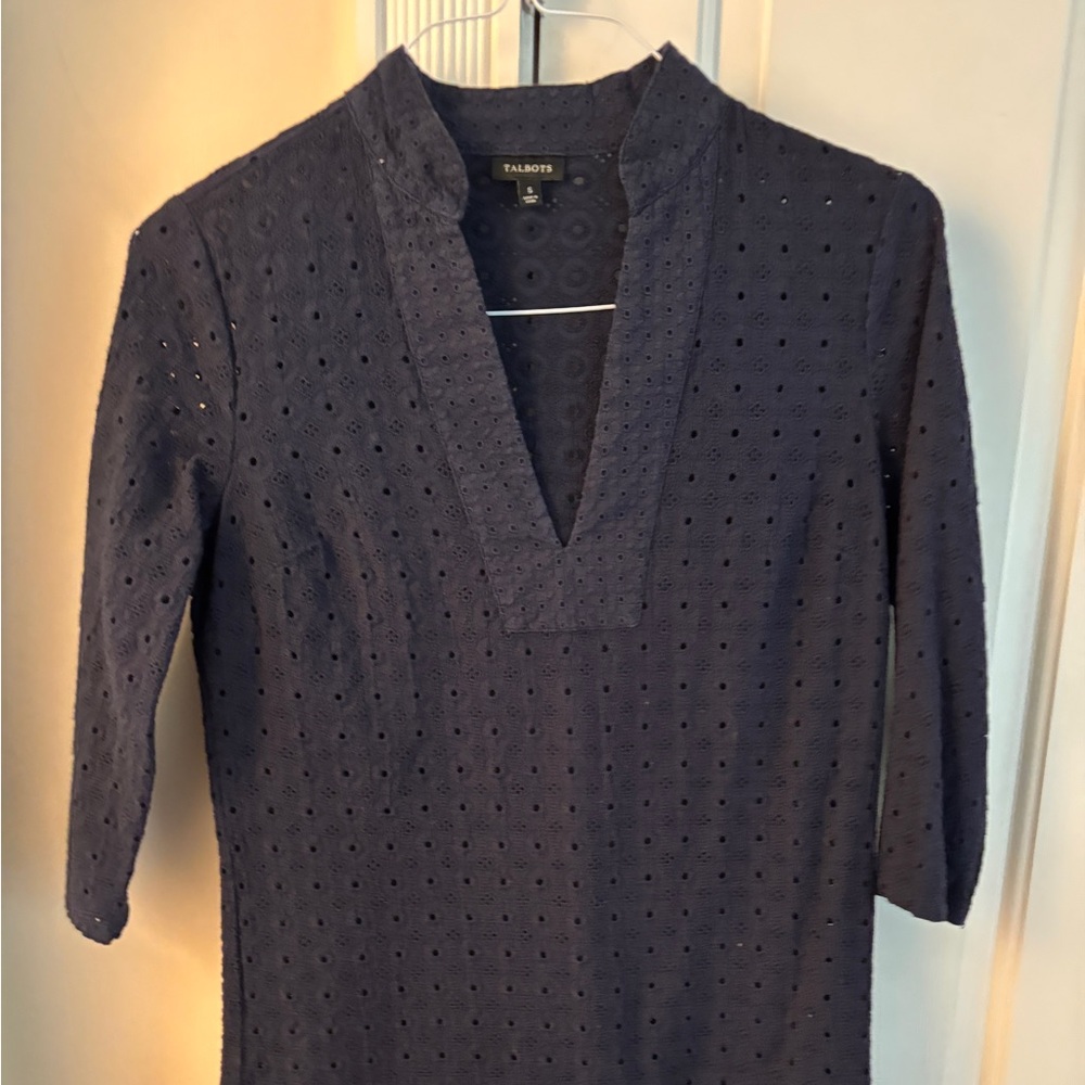 Talbots Navy Blue Eyelet Tunic 3/4 Sleeves Sz S